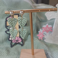 Double-tier sage green monstera leaf clay dangle earrings with pearl stud top and gold connectors