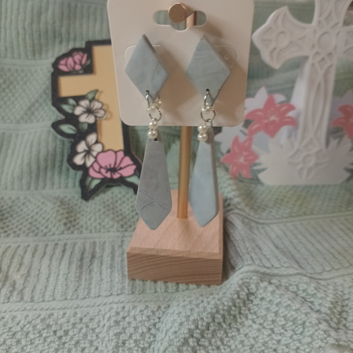 Grey diamond clay stud with pearl drops and long clay tie pendant earrings